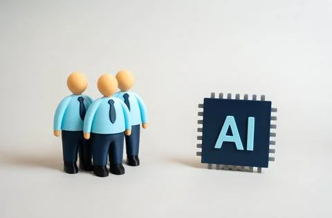 Office workers and the AI microchip. The threat of artificial intelligence an Stock Photos
