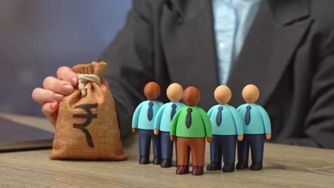 Office workers and the indian rupee money bag. Salaries and bonuses. Profit Video stock 342259150