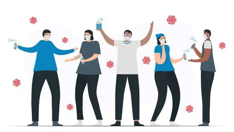 Office workers are cleaning a working room with hand sanitizer. It is protect Illustrazione stock