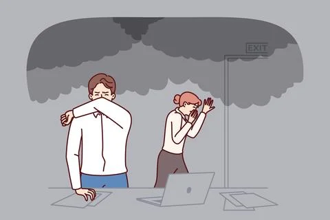 Office workers are evacuated from burning building during fire or smoke Ilustración de archivo