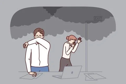 Office workers are evacuated from burning building during fire or smoke Ilustración de archivo