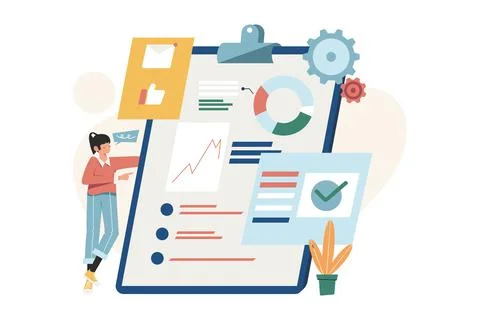 Office workers are studying the infographic of evolutionary scale Stock Illustration