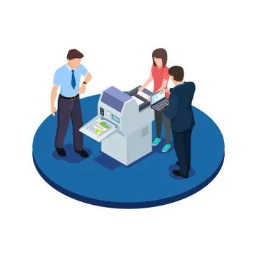 Office workers are testing a new printer isometric vector concept Stock Illustration