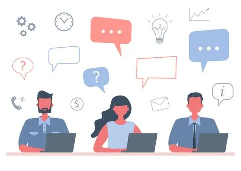 Office workers are working on laptops. Business concept with icons 스톡 일러스트