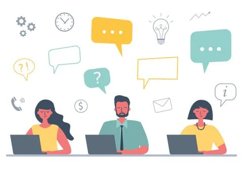 Office workers are working on laptops. Business concept with icons Stock Illustration