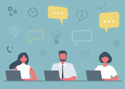 Office workers are working on laptops. Business concept with icons Stock Illustration