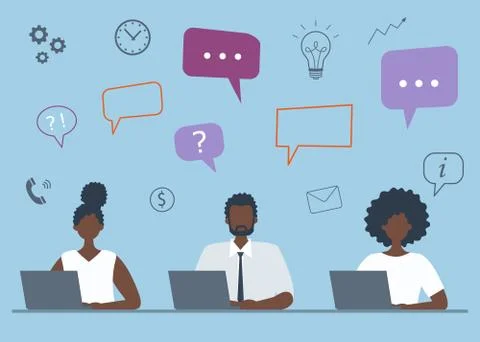 Office workers are working on laptops. Business concept with icons Stock Illustration