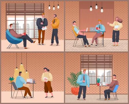 Office workers. Co-workers. Colleagues discuss project teamwork. Office staff Stock Illustration
