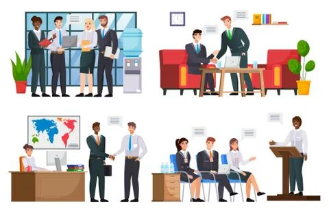 Office workers. Co-workers. Colleagues discuss project teamwork. Office staff Stock Illustration