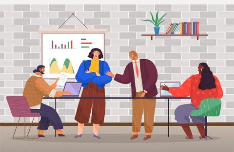 Office workers. Co-workers. Colleagues discuss project teamwork. Office staff Stock Illustration