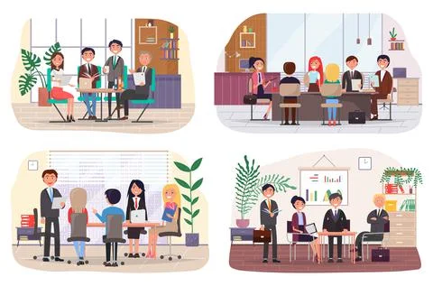 Office workers. Co-workers. Colleagues discuss project teamwork. Office staff Stock Illustration