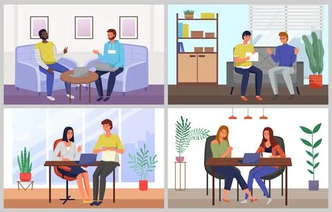 Office workers. Co-workers. Colleagues discuss project teamwork. Office staff Stock Illustration