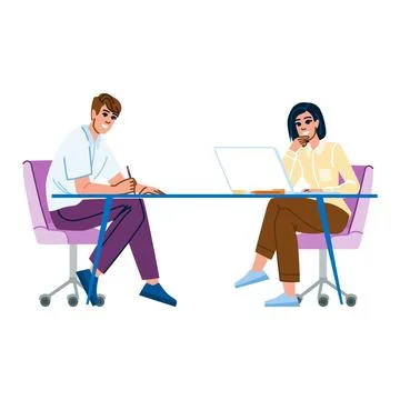 Office workers collaborating on project at desk, using laptop and taking note Illustrazione stock