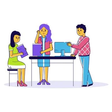 Office workers collaborating on a project. Two women and one man engaged in a Illustrazione stock