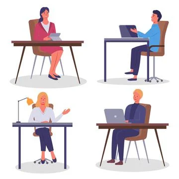 Office workers, collection of flat illustrations, people working with computers Illustrazione stock