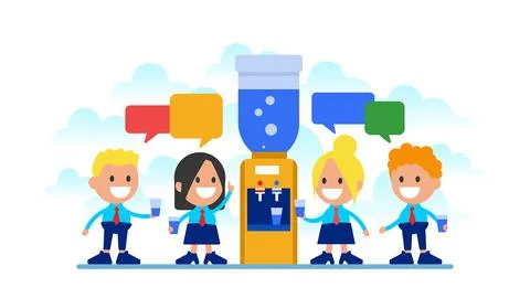 Office workers communicate and drink water from a cooler.	 Stock Illustration