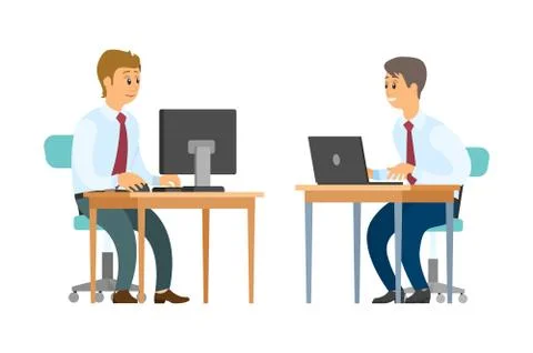 Office Workers with Computer and Laptop at Desks Stock Illustration