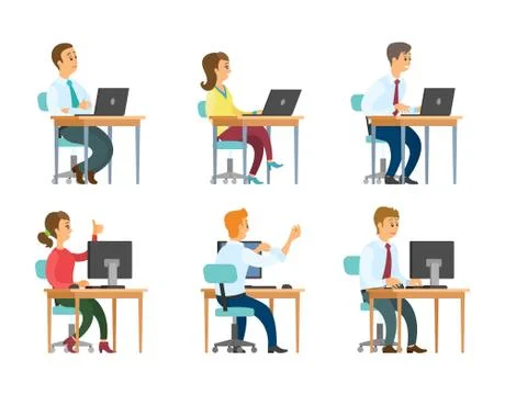 Office Workers at Computers and Laptops, Business Stock Illustration