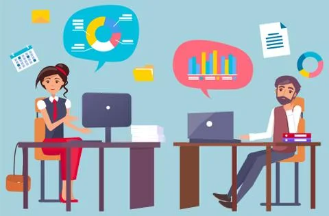 Office Workers at Desktops, Graphics and Charts Illustrazione stock