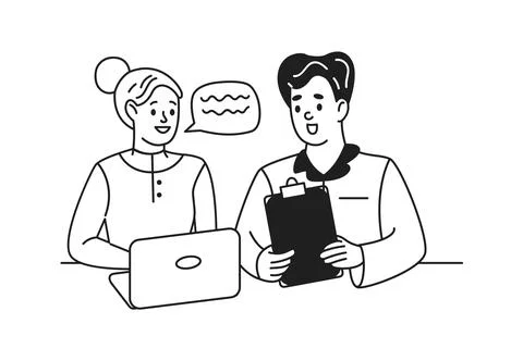 Office workers discussing tasks in workplace linear icon Stock Illustration