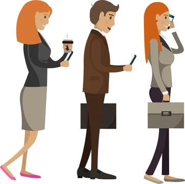 Office workers drinking coffee using smartphone while standing in row vector Illustrazione stock