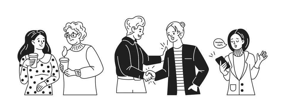 Office workers engage in communication linear icons Stock Illustration