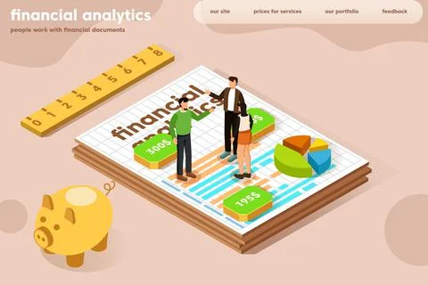 Office workers engaged in financial analytics, isometric illustration. Stock Illustration
