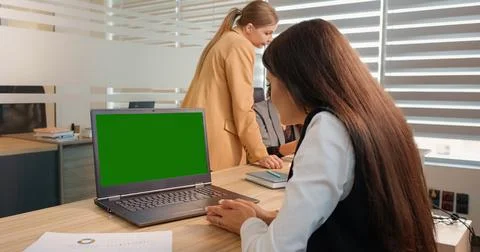 Office workers engaged in a project one watching a green screen laptop. Stock Photos