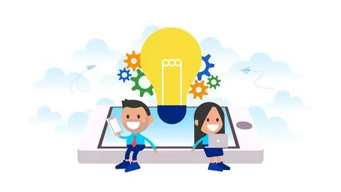 Office workers found a new idea. Idea for a smartphone app. Stock Illustration