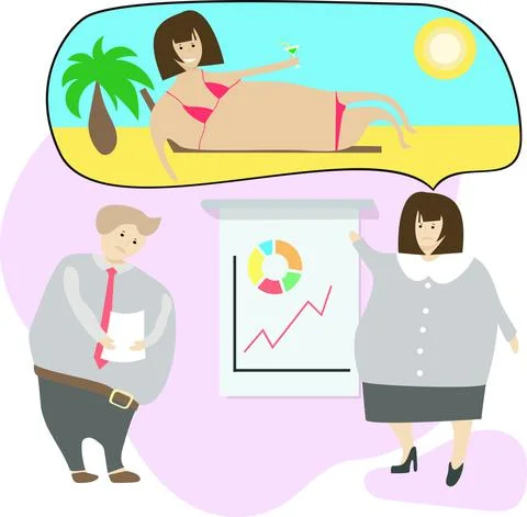 Office workers giving a presentation and dream of a beach vacation.Vector stock Stock Illustration