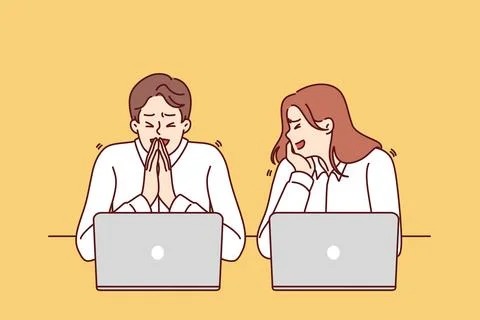 Office workers laugh sitting at workplace with laptops for concept of friendly 스톡 일러스트