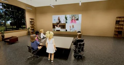 Office workers meet and talk in a virtual meeting room Stock Illustration
