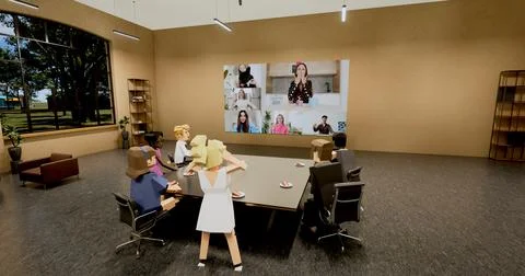 Office workers meet and talk in a virtual meeting room Stock Illustration