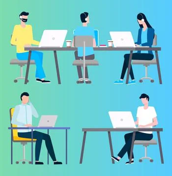 Office with Workers, Men Sitting by Tables Vector Stock Illustration
