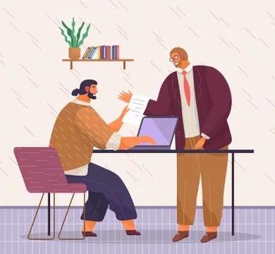 Office workers in office. Man dictates, employee sits at table and typing on Stock Illustration