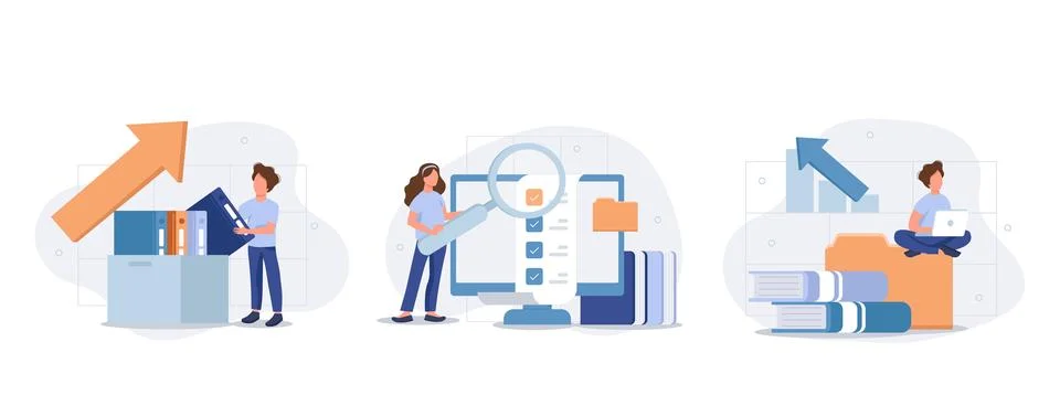 Office workers organizing data storage and file archive on server or computer Stock Illustration