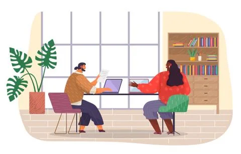 Office workers in room. Dark-skinned girl shows on laptop, employee sits and Illustrazione stock