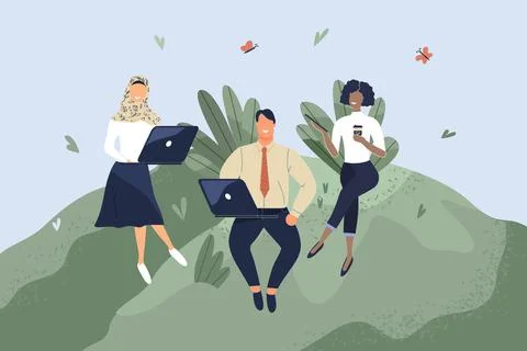 Office workers sitting on green lawn. Concept of good comfortable environment Stock Illustration
