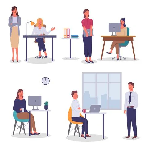 Office workers sitting at tables with computers or laptop, colleagues at Stock Illustration