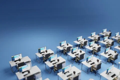 Office workers sitting at their identical desks. Rigid, bureaucratic corporat Illustrazione stock