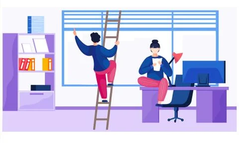 Office workers spend time at workplace. Man climbs a ladder near a window. Woman Illustrazione stock