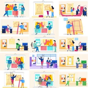 Office workers spend time at workplace. Fashion designers making pattern. Office Illustrazione stock