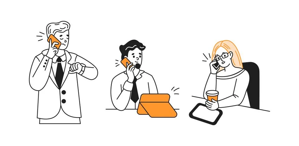 Office workers talk on phone solving work tasks linear icons Stock Illustration