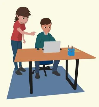 Office workers teamwork man and woman brainstorm on computer office discuss.. Stock Illustration