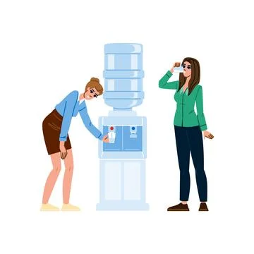 Office workers using water cooler dispenser, drinking and refreshing Illustrazione stock