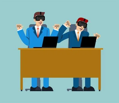 Office workers in virtual reality headsets collaborating at a desk. Concept.. Stock Illustration