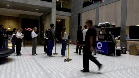 Office Workers Waiting in Line for Coffee at Corporate Lobby Stand Stock Footage 346726464