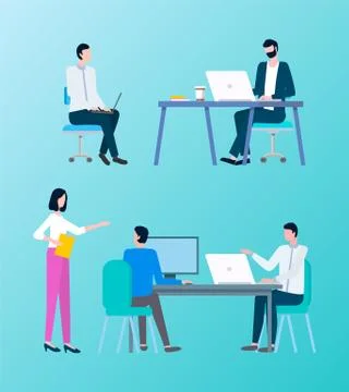 Office Workers Working on Projects on Laptops Stock Illustration
