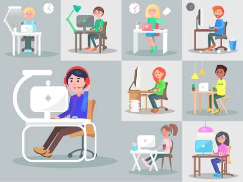 Office Workers at the Workplace Flat Vector Set 스톡 일러스트