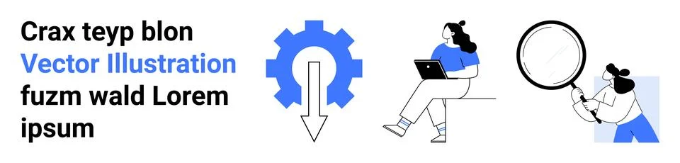 Office Workflow Featuring Laptop Use, Gear Icon and Magnifying Glass Stock Illustration
